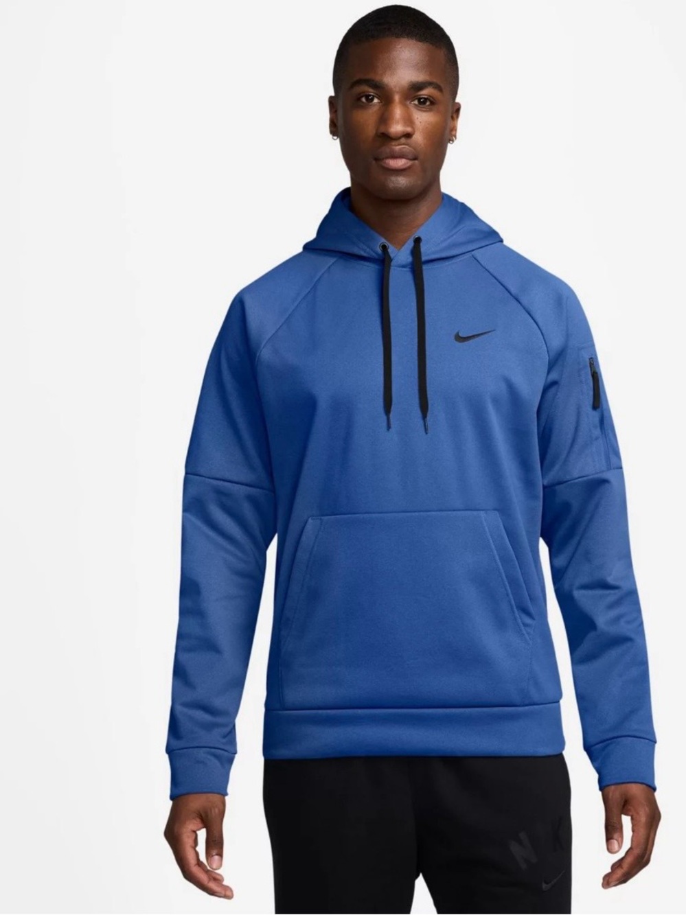 Nike Blue Therma-FIT Hoodie with Black Swoosh Tag. Zipper pocket on left sleeve.